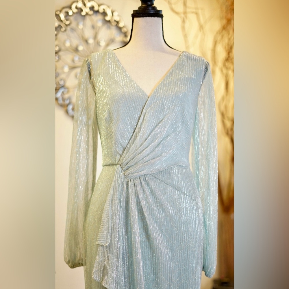 Adrianna Papell Shimmery Seafoam Long Sleeve Wrap Gown - Picture 3 of 6